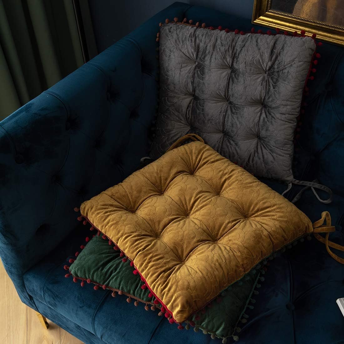 Rubber pom-pom decorated square chair cushion - Image 2